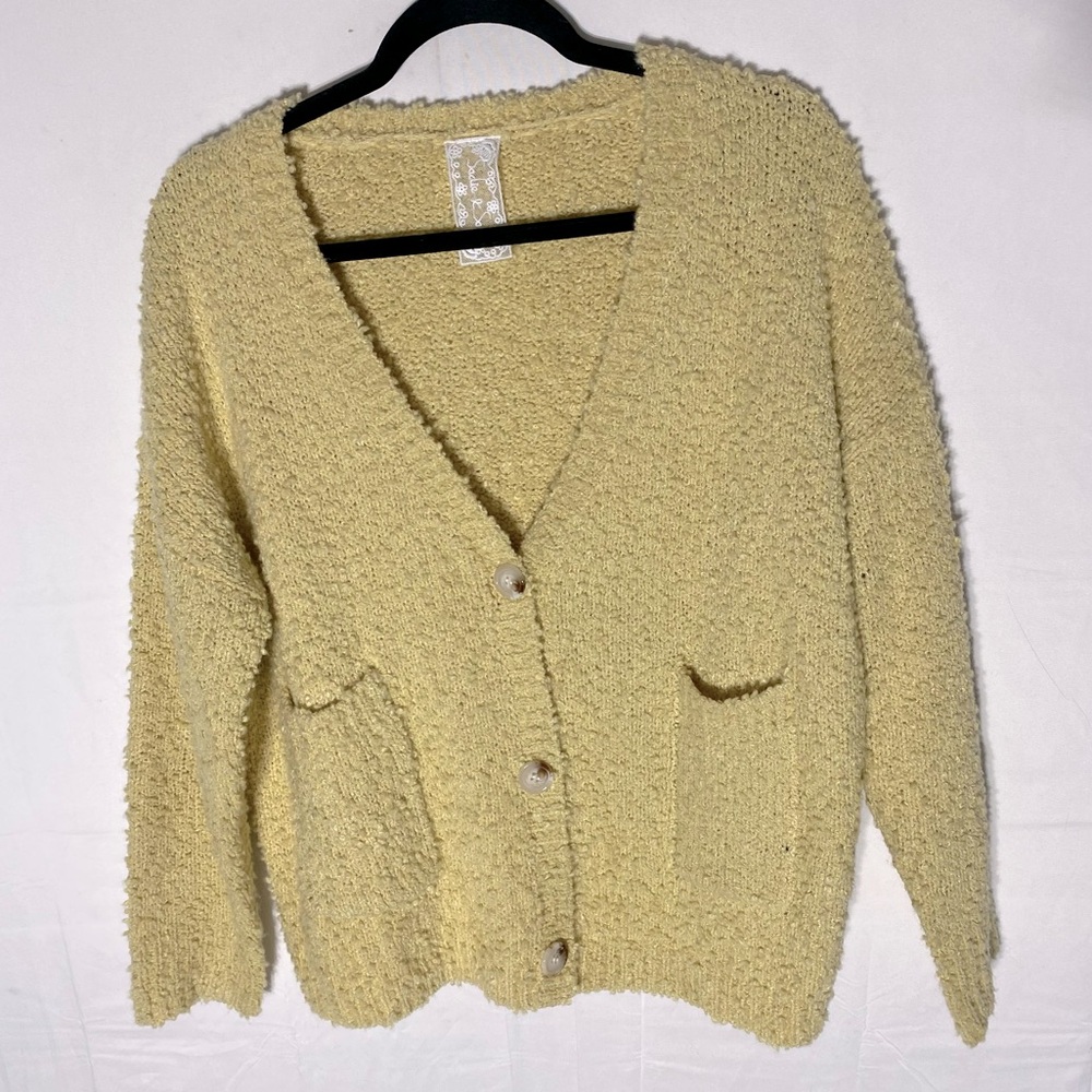 Sadie & Sage Yellow Textured Knit Oversized Button Up Cardigan XS Cottagecore